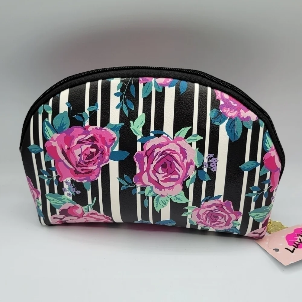Betsy Johnson Luv Betsey Stripe Rose Dome Cosmetic Travel Makeup Bag